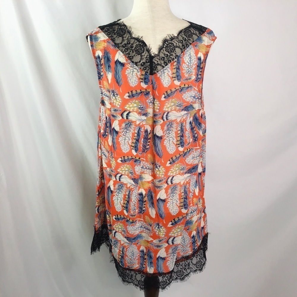 Nwt A’reve Nightgown Size L Camisole Lace Boho Feather Print Red Blue - Picture 5 of 14